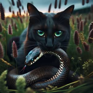 Twilight Encounter: Ebony Cat and Green-Eyed Serpent in Nature's Dance