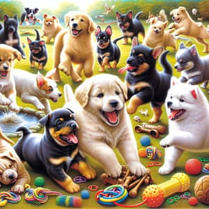 Adorable Puppies Playing: Joyful Canine Scene with Various Breeds