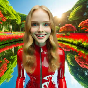 Vibrant Slavic Blonde in Red Latex | Enchanting Garden Scene
