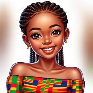 Young Ghanian Girl in Vibrant Kente Cloth - Realistic Cartoon