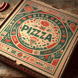 Fictional Pizzeria's Box: Local Brand Logo on Wooden Table