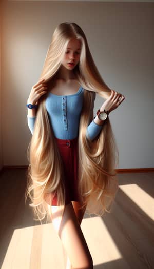 Shocking White Caucasian Teen in Sunlit Room with Rapunzel Hair