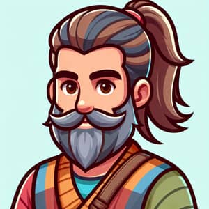 Cartoon-Style Illustration of Colorful Caucasian Man with Full Beard and Ponytail