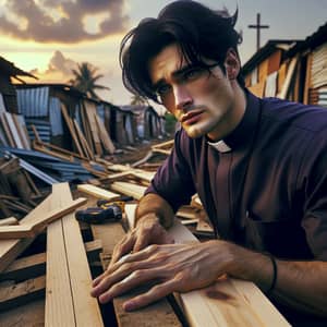 Handsome Young Priest Assisting in Shanty Town Rebuilding