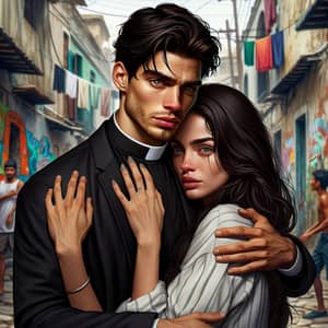 Forbidden Love Story: Raven-Haired Priest Embraces Brunette Woman