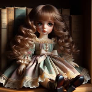 Victorian Style Doll in Pastel Dress on Wooden Shelf