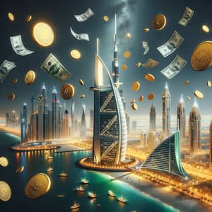 Dubai Night Skyline with Falling Gold Coins and Dollar Bills