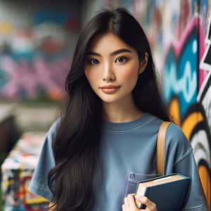 Young Asian Woman in Casual Blue T-Shirt with Book | Urban Graffiti Background