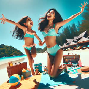 Joyful Mother-Daughter Beach Day: Radiant Fun in Matching Swimsuits