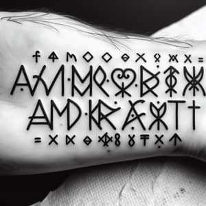 Intricate 'Amor Fati' Tattoo Font Design with Runes Symbols
