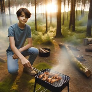 Young Hispanic Boy Grilling Chicken in Forest