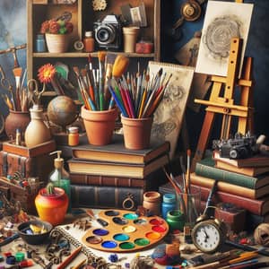 Creative Scene with Easel, Quills, Books, and Knick-knacks