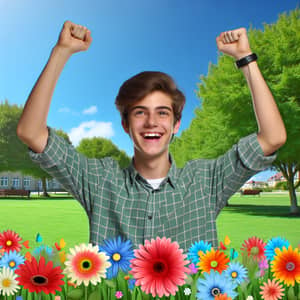 Cheerful Teenager Celebrating Escape from Bullying in a Lush Green Park