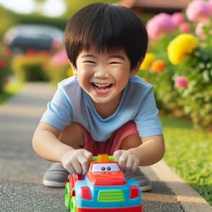 Joyous Asian Boy Playing with Colorful Toy Car Outdoors