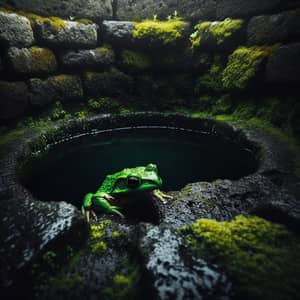 Vibrant Green Frog in Shadowy Pit | Nature-Inspired Scene