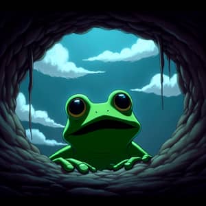 Whimsical Hand-Drawn Animation of Bright Green Frog in Pit