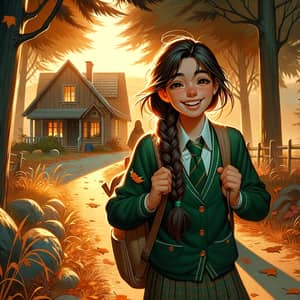 Young Hispanic Student Walking Home in Autumn Village