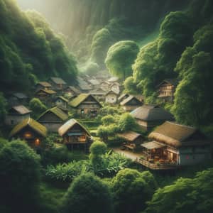 Serene Village with Thatched-Roof Houses Surrounded by Lush Green Trees