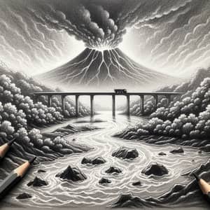 Dark Sky Landscape with Boiling River and Concrete Bridge