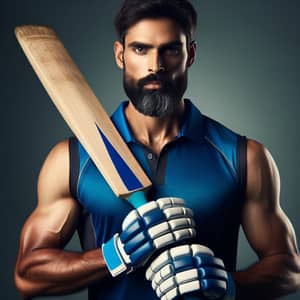 Male Indian Cricketer in Blue Attire with Cricket Bat