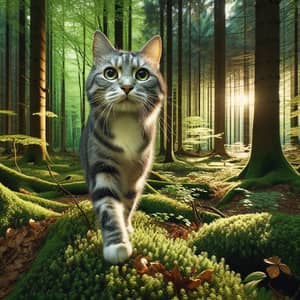 Striped Grey and White Cat in Woods | Serene Nature Scene