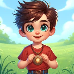 Young Child with Spiky Brown Hair and Magical Pendant in Lush Green Meadow