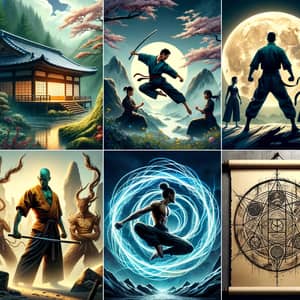 Mystical Martial Arts Illustrations: Serene Dojo, Duel, Diverse Group, Elemental Creature, Magical Symbols