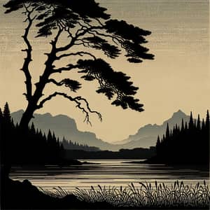 Silhouette Landscape with Tree and River