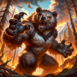 Fierce Bear-Like Fantasy Creature in Fiery Forest Scene