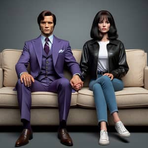 Stylish Couple in Purple Suit and Leather Jacket | Sofa Scene