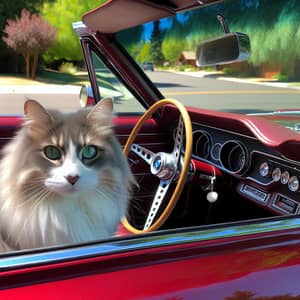 Fluffy Feline Driving Classic Ford Mustang | Suburban Charm