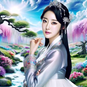 Elegant East Asian Woman in Traditional Hanbok - Serene Garden Scene