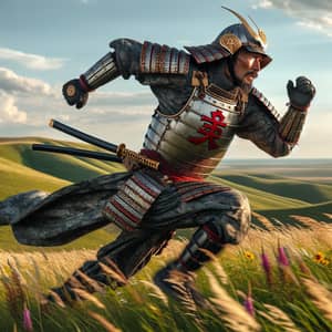Middle-Eastern Samurai with Russian Ruble Symbols Running on Grass Hillside