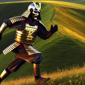 Middle-Eastern Samurai with Russian Ruble Symbols Running on Hillside