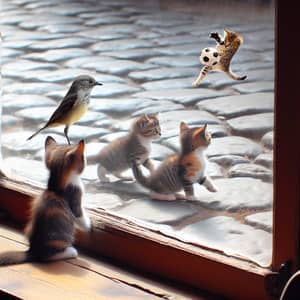 Petite Bird Observing, Kittens Playing | Cute Animal Scene