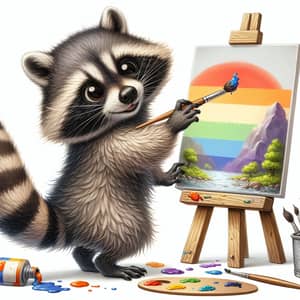 Playful Raccoon Painting a Colorful Landscape - Wildlife Art