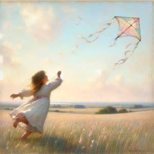 Whimsical 19th Century Impressionist Style Illustration of Girl Flying a Kite