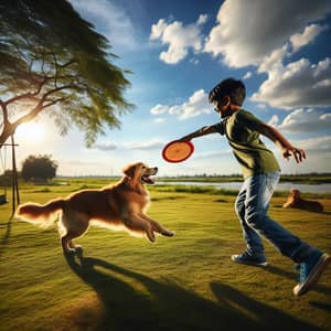 Playful Interaction: Boy and Golden Retriever in Grassy Field