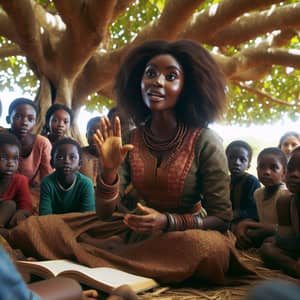 African Woman Storytelling Under Tree - Cultural Tradition