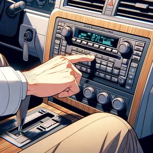 3D Anime-Style Car Cabin Interior with Man's Hand Turning on Radio