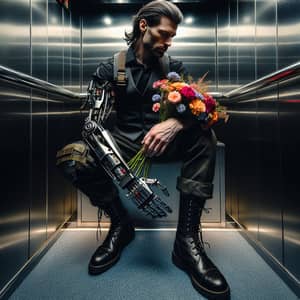 High-Tech Soldier with Colorful Flowers in Elevator