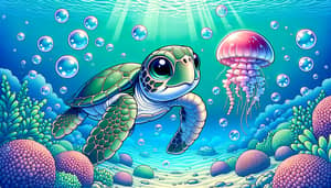 Enchanting Scene: Juvenile Sea Turtle & Pink Jellyfish