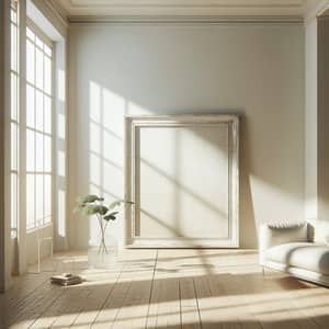 Minimalist Living Room Interior: Empty White Frame and Warm Tones