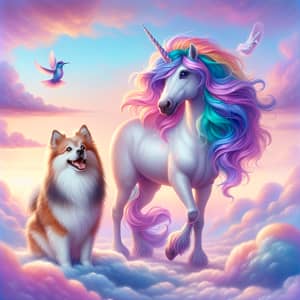 Mystical Unicorn and Joyful Dog on a Fluffy Cloud