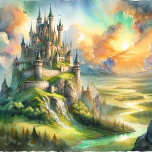 Fantasy Watercolor Castle in Serene Landscape