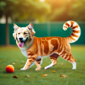 Dog-Cat Hybrid in Verdant Park Playing with Red Ball