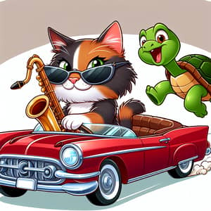 Calico Cat Playing Saxophone in Convertible