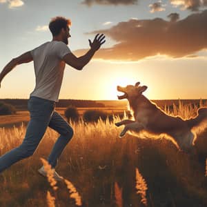 Man Calls Dog in Field: Joyful Reunion at Sunset