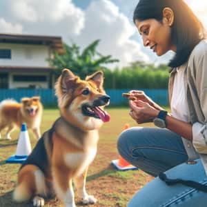 Positive Reinforcement Dog Training by South Asian Woman in Outdoor Setting