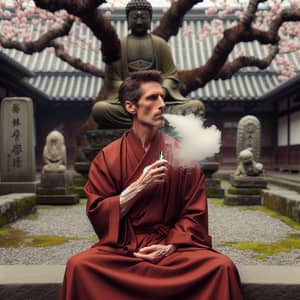 Modern Monk in Meditative Posture with E-Cigarette | Serene Courtyard